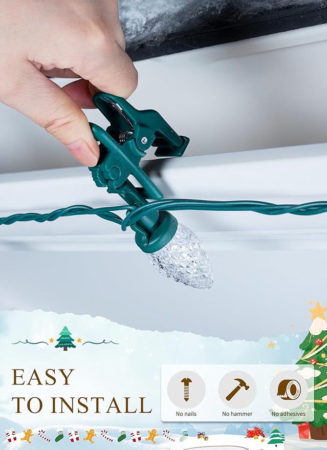 C9 LED Christmas Lights Outdoor, 66 Feet 100 LED C9 String Lights with 100 Spring Clips, Waterproof Connectable Christmas Tree Lights for Outside Roofline Patio Home Xmas Decor, Pure White 2 Pack