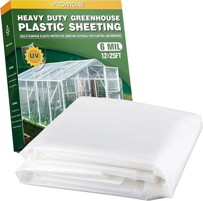 Greenhouse Plastic Sheeting 6 Mil 12x25 FT, Clear Plastic Sheeting Heavy Duty, Polyethylene Film, UV Resistant, Tear-Proof, for Garden, Agriculture, Painting Floor Protection