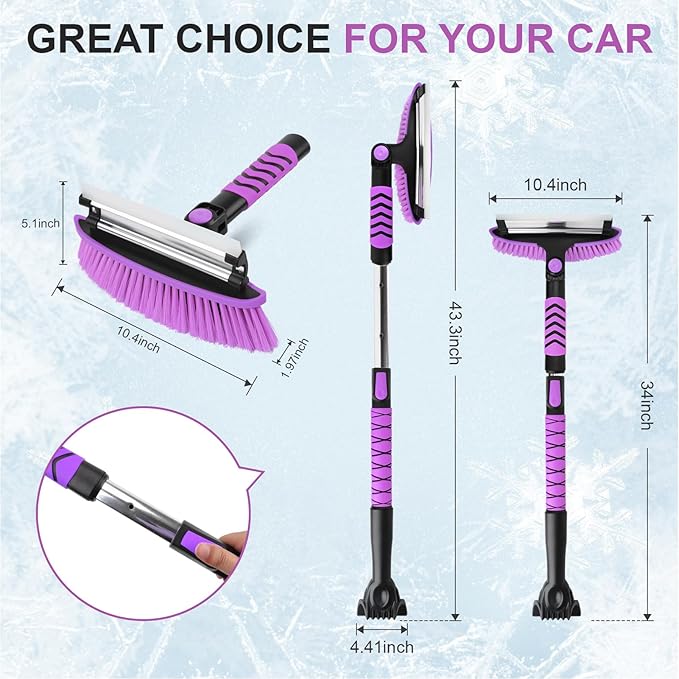 Yougfin 3 in 1 Snow Brush with Ice Scraper for Car Windshield Extendable, SUV Snow Removal with Squeegee Heavy Duty, 180° Rotating Head Car Window Cleaner for Winter 43 inch