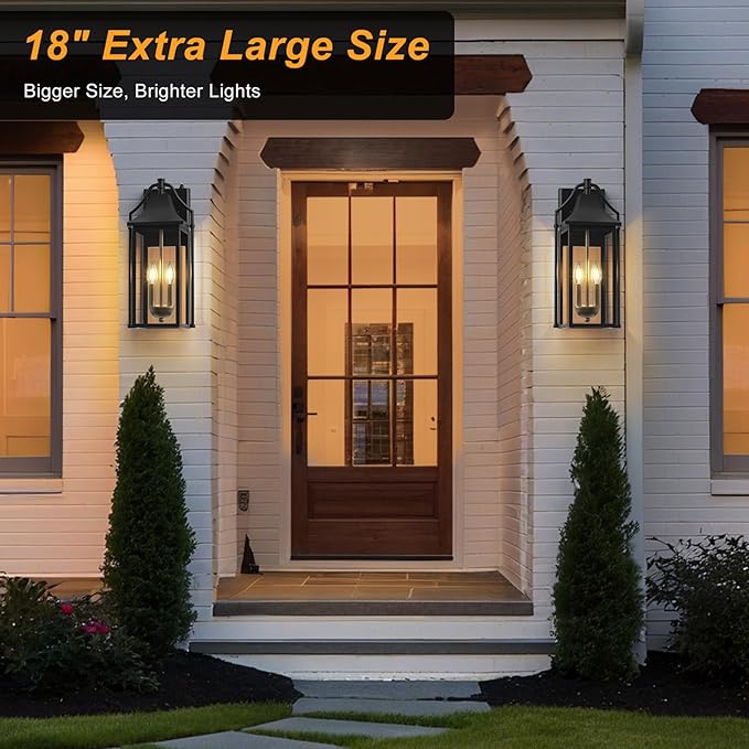 𝟏𝟖𝑰𝑵 Outdoor Wall Sconce Fixture, Dusk to Dawn Patio Lights Waterproof Exterior Lanterns, 2-Light Modern Wall Lights Mounted with Glass, Black Outside Light for House Front Door Decor