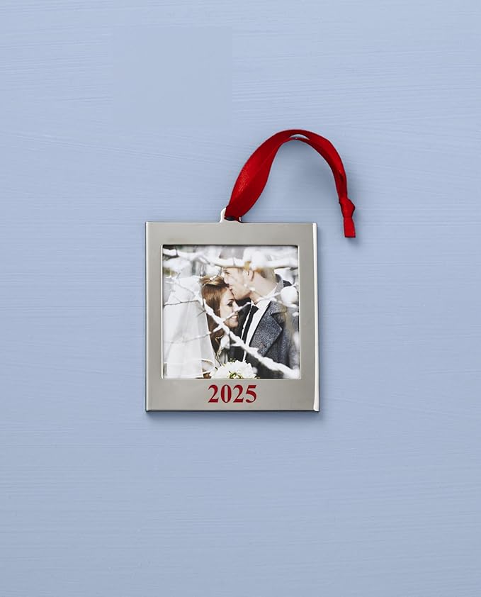 Lenox Ornament, 2025 Frame Silverplate Ornament, Tree Decorations, Red Ribbon for Hanging, Christmas Decor, Tree Decor, Family Picture Ornaments, Christmas Decoration (Silver, 1 Piece, 2.5x2.75-Inch)