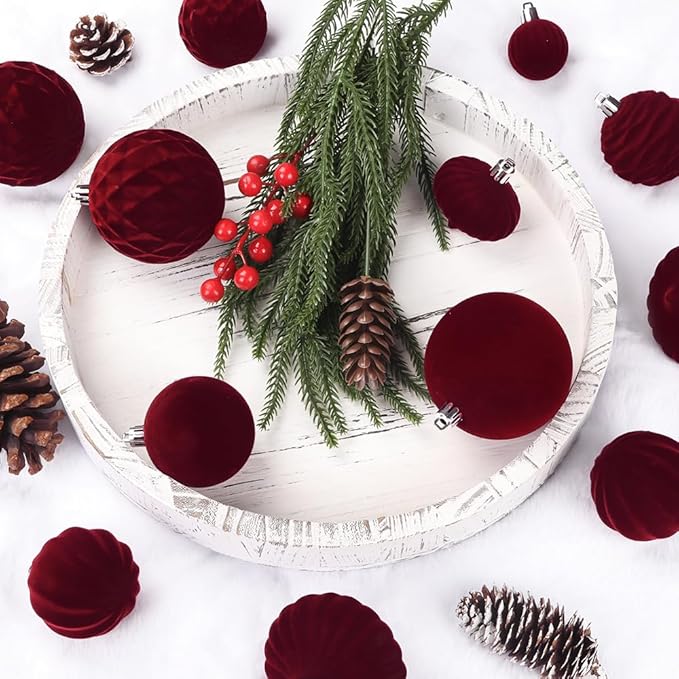 28PCS Velvet Christmas Balls Ornaments, Flocked Shatterproof Burgundy Xmas Tree Hanging Decoration Plastic Ball Set Bulk Ornament for Winter Trees Holiday Party Home Wreath Decor