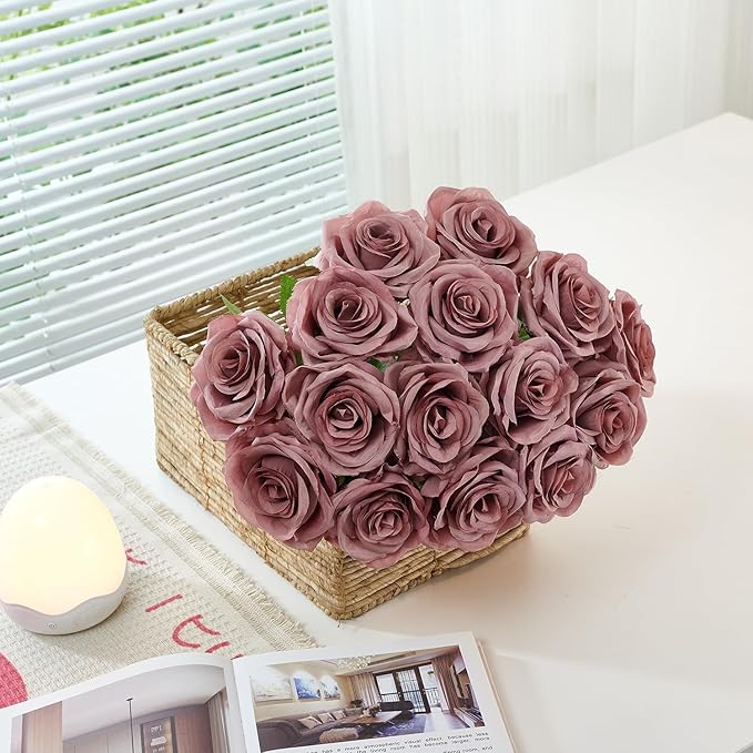 50Pcs Dusty Rose Roses Artificial Flowers Artificial Silk Roses Bulk,Fake Roses Flower with Stems Realistic Flowers for Wedding Centerpiece Home Party Decor