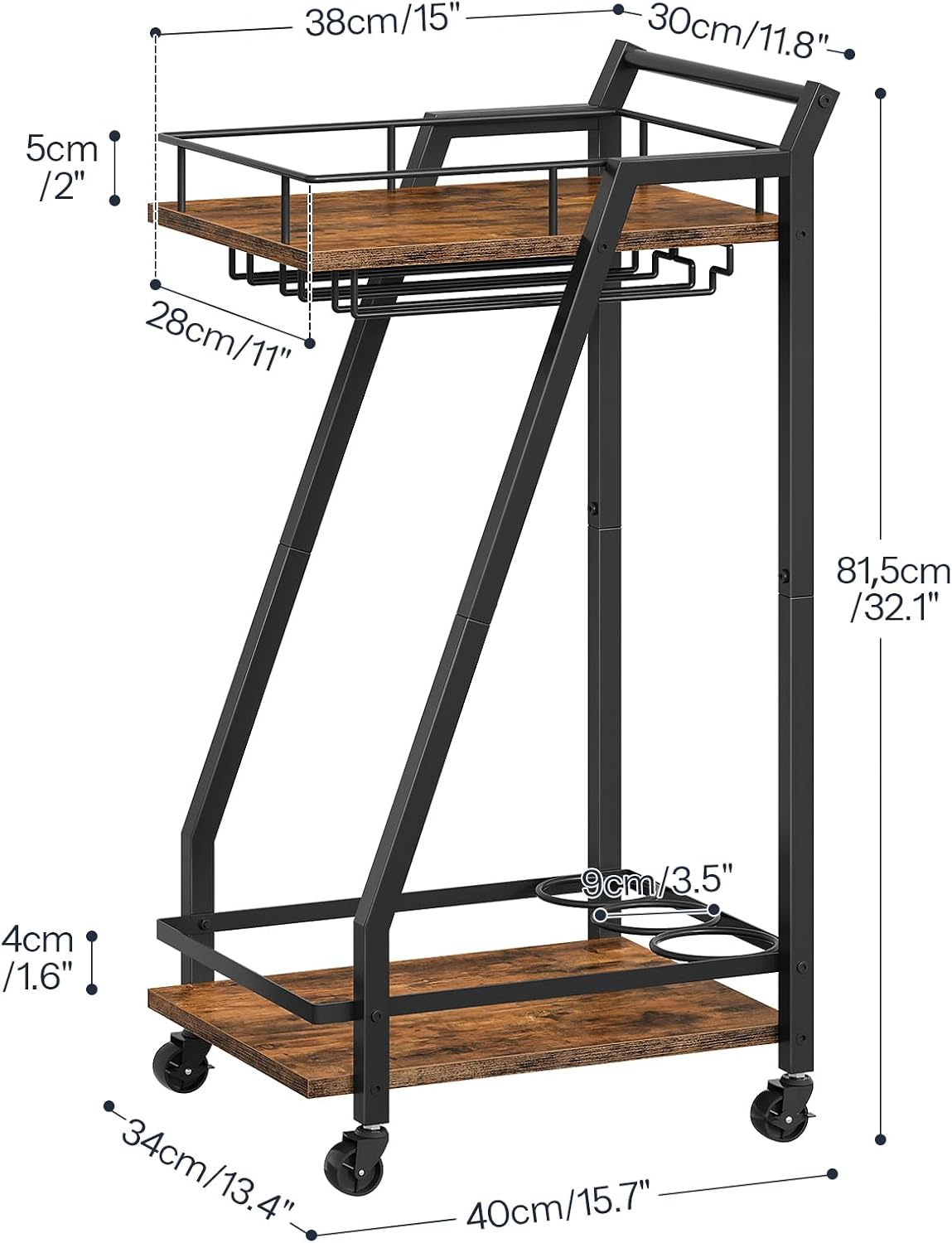 HOOBRO Bar Cart, Home Bar Serving Cart, Kitchen Cart, Rolling Beverage Cart & Wine Rack and Glass Holder 2 Storage Shelves, Cocktail Cart for Home Dining Party, Rustic Brown and Black BF27TC01