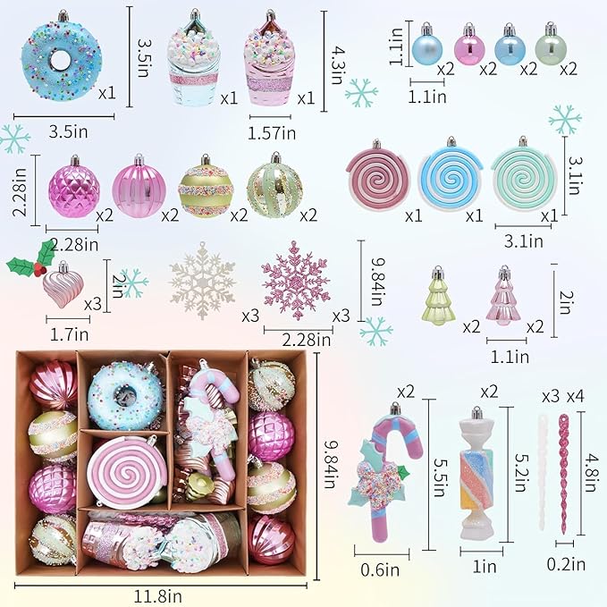 ILLUMINEW 48-Pack Christmas Balls Ornaments,Macaron Shatterproof Christmas Ornaments Set, Xmas Seasonal Cute Hanging Pendants Gift Package for Tree Party Holiday Indoor Decor