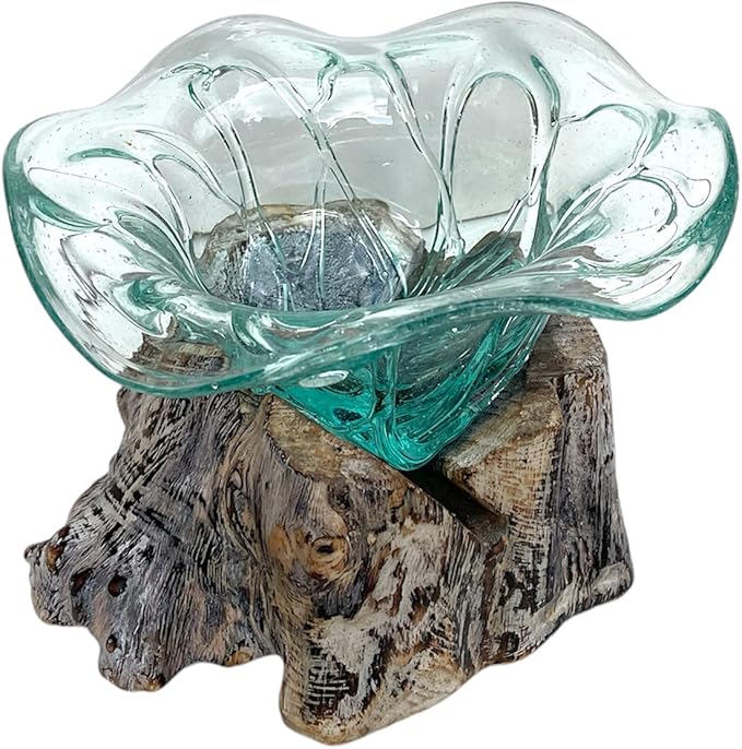 OMA Blown Glass Vase with Teak Base Hand Crafted Fluted Glass Planter Terrarium Fruit Bowl Tabletop Centerpiece for Home Decor and Unique Gift