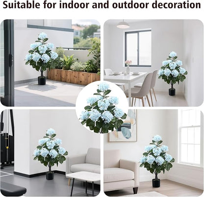 Romantic Season 38" Artificial Hydrangea Tree in Pot, Faux Potted Silk Hydrangea Plant for Indoor Outdoor Decoration, Lifelike Artificial Flower Tree for Home, Office, Patio, Garden Decor, Blue
