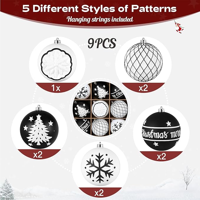 SHareconn 100MM/4 Inch 9PCS Large Christmas Balls Ornaments, Shatterproof Plastic Hanging Big Baubles Set for Xmas Tree Decoration Holiday Party Wedding Decorations with Hook,Black and White
