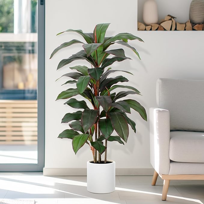 Artificial Dracaena Plant Indoor 4 FT, Fake Tree with White Planter, Faux Yucca Silk Floor Plants Indoor, Artificial Trees for Home Office Decor Indoor Outdoor Housewarming Gift