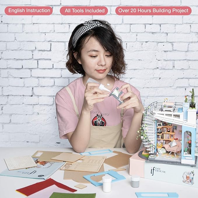 ROBOTIME DIY Miniature Dollhouse Kit - 1:24 Scale Miniature House Kit with LED Light - Tiny House Kit with Furniture Best Birthday for Women and Men