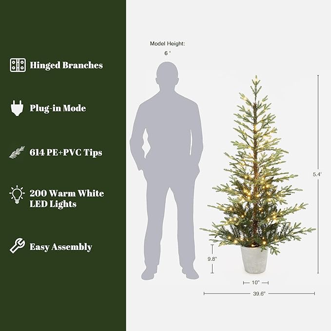 LuxenHome 5FT Potted Christmas Tree with Lights, Slim Small Christmas Trees with 200 Warm White LED Lights, Realistic Fir Artificial Xmas Tree with White Pot for Holiday Display