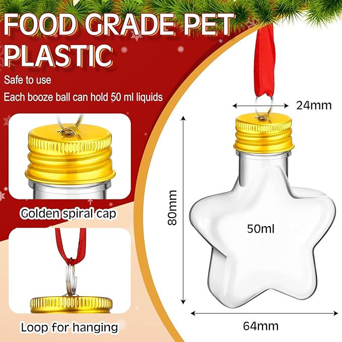 Patelai 18 Pcs Christmas Drink Balls Clear Shot Glass Ornaments Xmas Tree Fillable Ornaments Plastic Xmas Water Bottle Bulbs for Holiday Party Decorations(Star,50 ml)