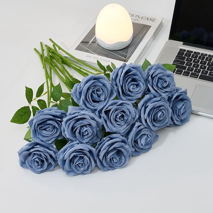 50Pcs Dusty Blue Roses Artificial Flowers Artificial Silk Roses Bulk,Fake Roses Flower with Stems Realistic Flowers for Wedding Centerpiece Home Party Decor