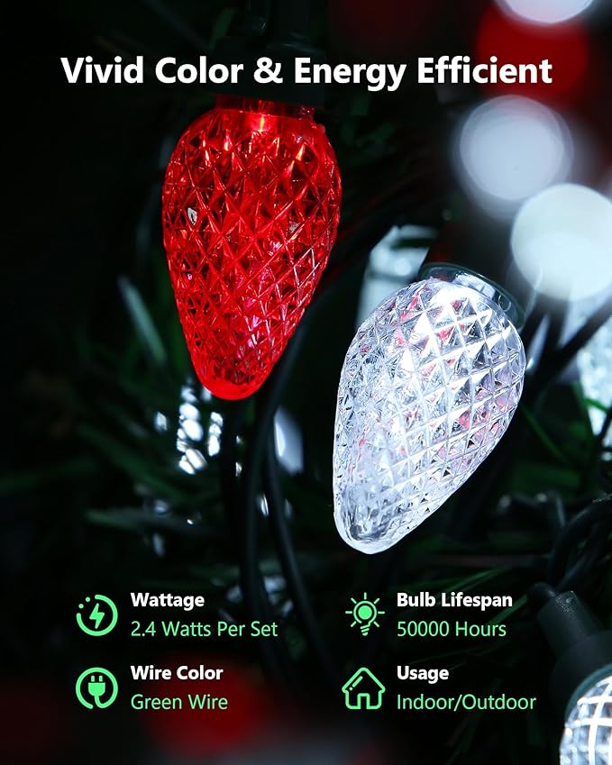 2-Set C7 LED Christmas String Lights, 25.16FT 50 LED Connectable Outdoor Indoor Decorative Light Strand, Red & White Xmas Holiday Lights for House, Christmas Tree, Patio, Party Decoration, UL Listed