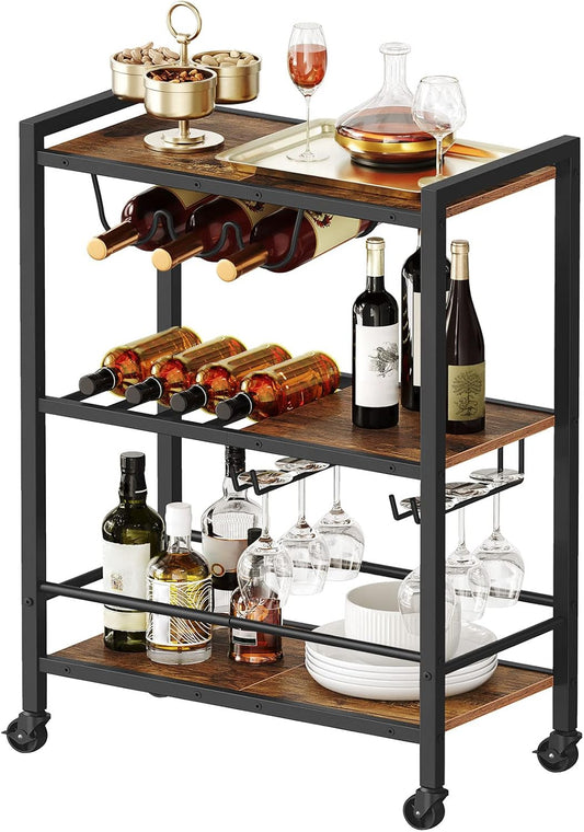 HOOBRO Bar Cart, 3-Tier Coffee Cart with Wheels, Kitchen Cart, Wine Cart with Wine Rack and Glass Holder, Rolling Serving Cart for Home, Living Room, Party, Bar, Rustic Brown and Black BF35TC01G1