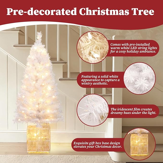 Brightever 4 FT Artificial Christmas Tree, Pre-lit Small Christmas Trees with Warm White String Lights & Unique Gold Gift Box Base, Plug in White Outdoor Xmas Trees for Front Door, Fireplace, Patio