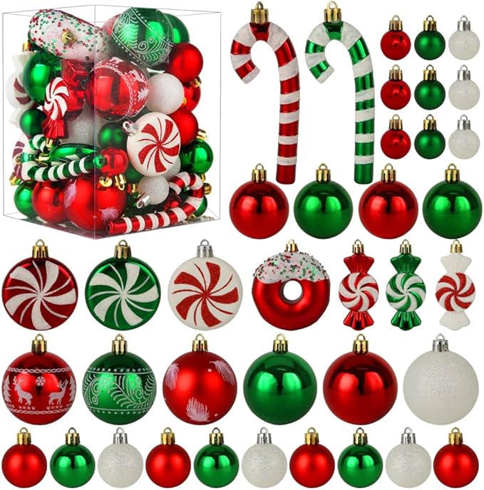 Christmas Tree Ornaments, Green Red White Christmas Ball Ornaments Set of 60 Pack Shatterproof Plastic Xmas Decorations for Home Party Tree