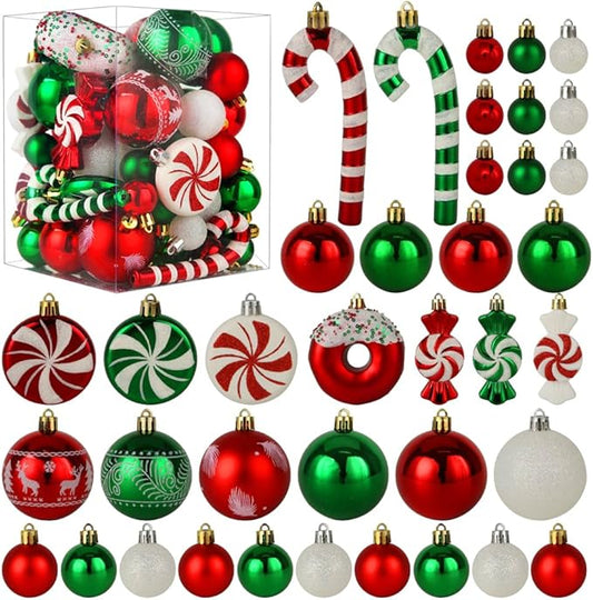 Christmas Tree Ornaments, Green Red White Christmas Ball Ornaments Set of 60 Pack Shatterproof Plastic Xmas Decorations for Home Party Tree