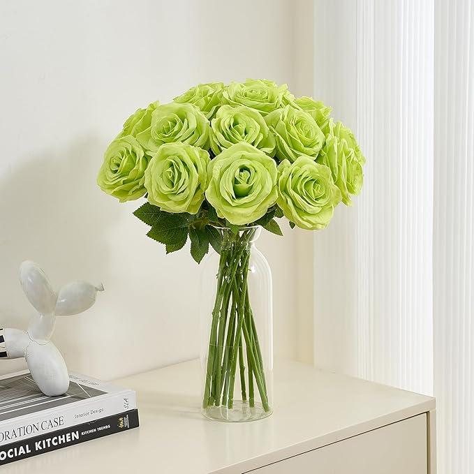 15pcs Green Fake Roses Artificial Silk Flowers Faux Rose Flower Long Stems Bouquet for Arrangement Wedding Centerpiece Party Home Kitchen Decor