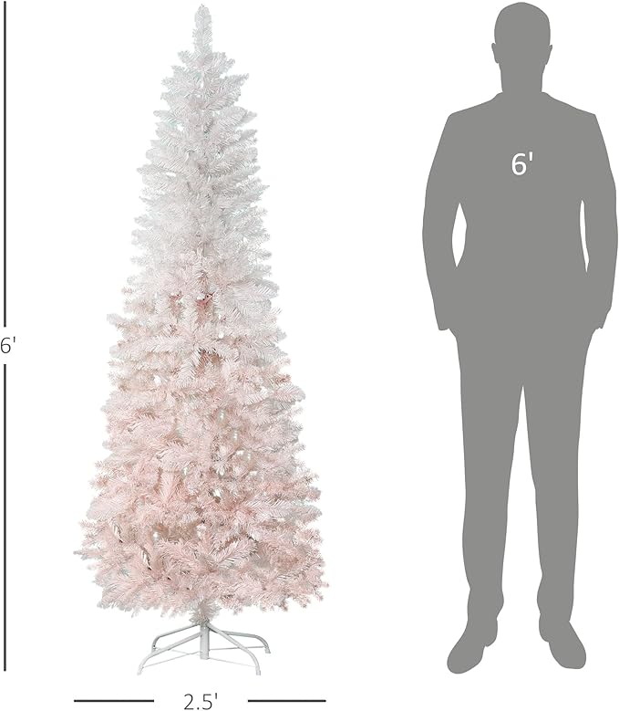 HOMCOM 6' Tall Unlit Pencil Fir Artificial Christmas Tree with Realistic Branches and Steel Base, Pink and White