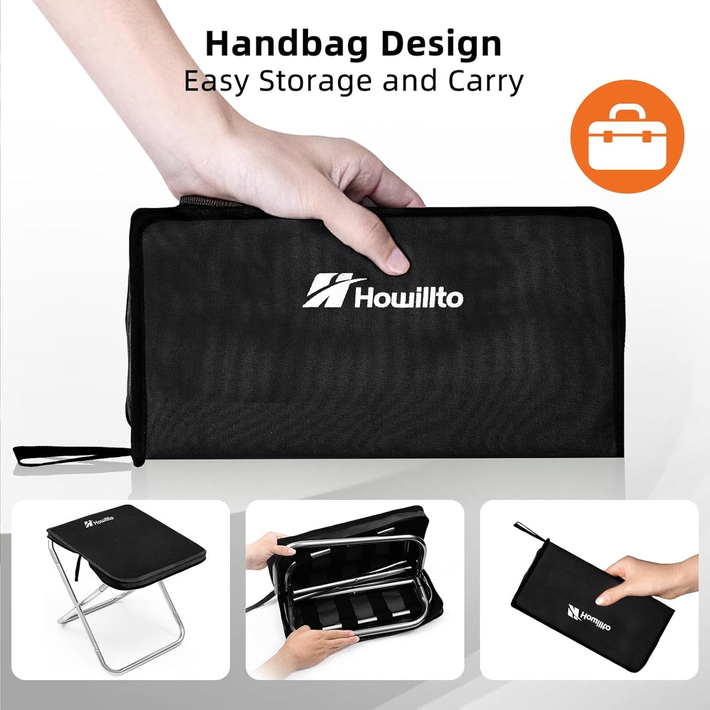 Camping Stool, 16in Tall Portable Folding Stool with Carry Bag, Upgraded Ultralight Chair with Roomy Seat for Adults, Holds 280lbs, Ideal for Hiking, Fishing, Outdoor Use, Black