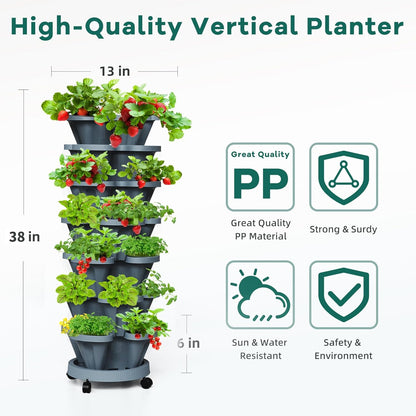 Strawberry Vertical Planter Tower Garden, 7 Tiered Stackable Planter Herb Garden Planter with Movable Casters and Bottom Saucer Indoor and Outdoor - Dark Grey