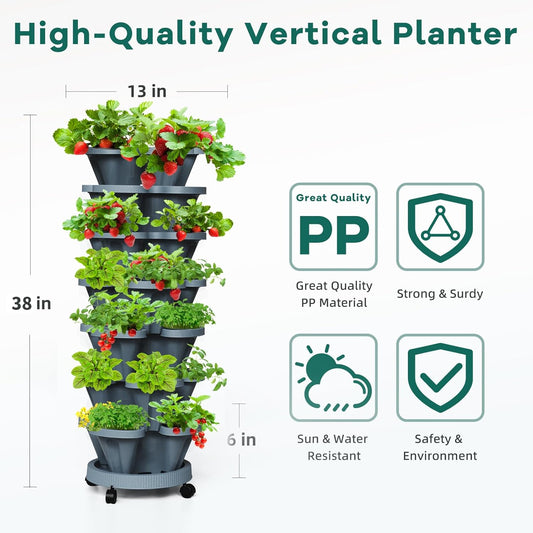 Strawberry Vertical Planter Tower Garden, 7 Tiered Stackable Planter Herb Garden Planter with Movable Casters and Bottom Saucer Indoor and Outdoor - Dark Grey