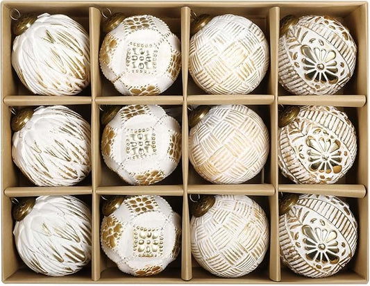 Christmas Ball Ornaments Set, 12ct 80mm Elegant White and Gold Assorted Xmas Tree Ball Ornaments, Shatterproof Christmas Tree Hanging Ornaments for Xmas Decoration