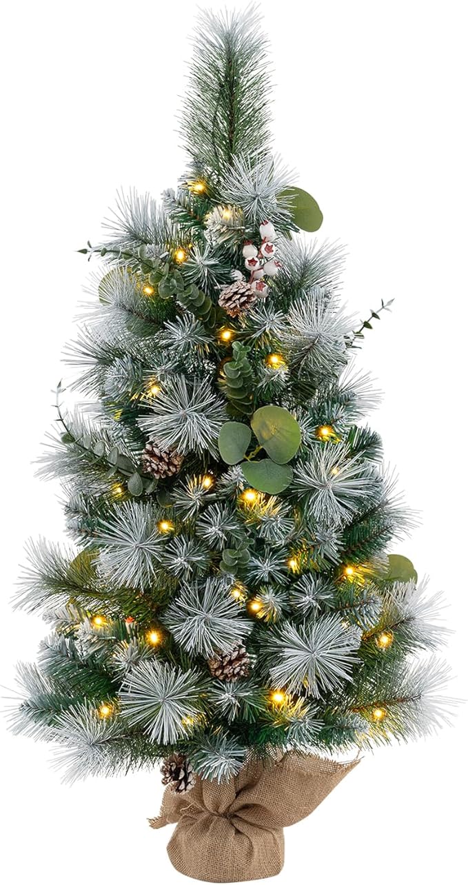 HAPPYGRILL 3 FT Tabletop Artificial Christmas Tree with 98 Branch Tips, Pine Needles, Pine Cones, White Berries, Green Xmas Tree with 30 Warm White LED Lights, Auto Timer & Cement-Filled Base