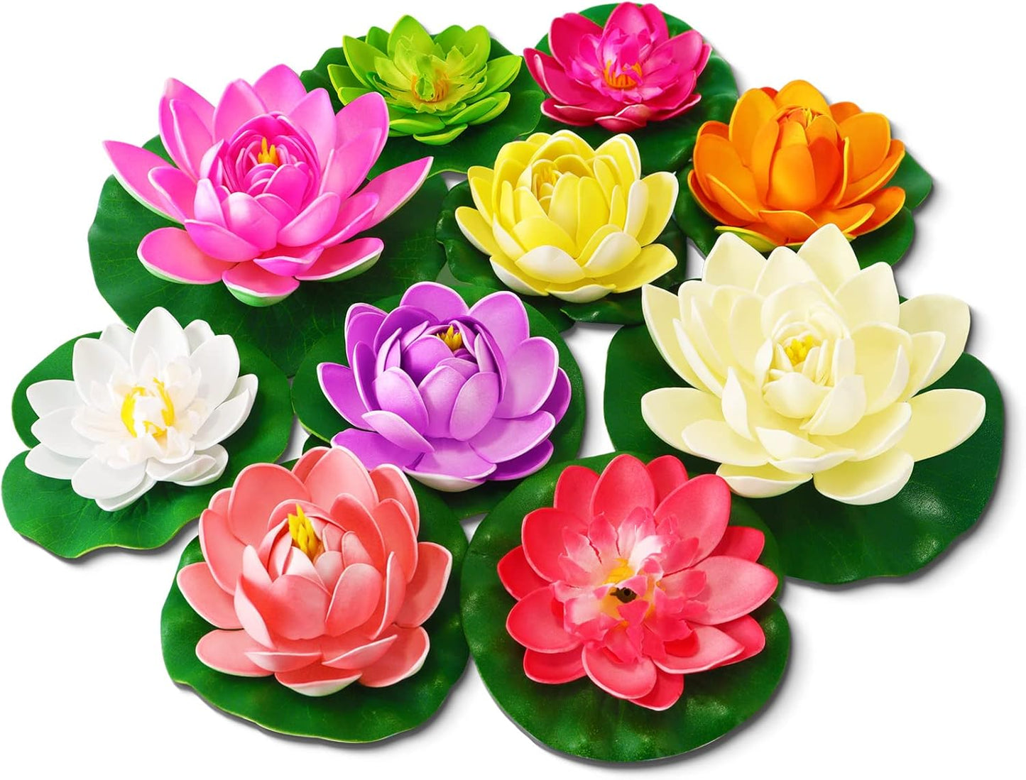 Artificial Lotus Flowers Water Lilies for Pond Pool, 10 Pcs Realistic Floating Foam Lotus Flowers with Lily Pads for Ponds, 4" and 6" Large Lifelike Water Lilies for Fountain Garden Pond Decoration