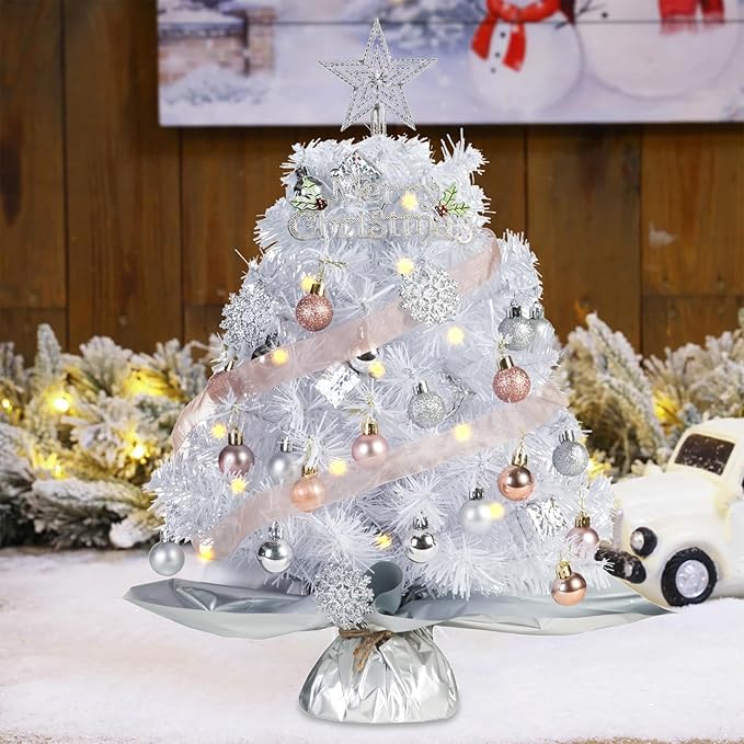 20" Mini White Christmas Tree, Artificial Mini Christmas Tree with Lights, Tabletop Christmas Tree with Star Treetop Snowflake Boxes and Ball Ornaments for DIY Christmas Decoration(White)