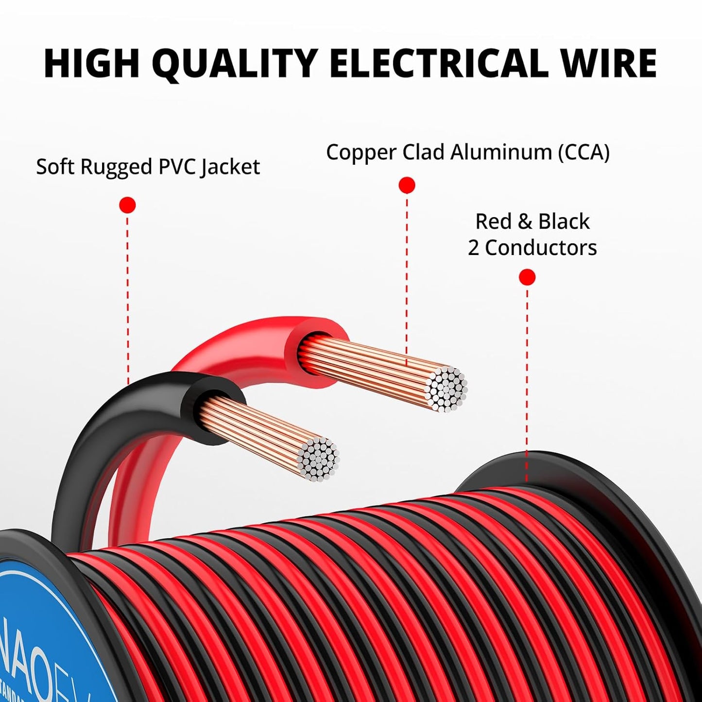 NAOEVO 14 Gauge Wire 50FT, 2 Conductors Electrical Wire Red Black Cable, Flexible/Low Voltage/PVC 14 AWG Copper Clad Aluminum Extension Cord for Speaker, LED Strips, Automotive 12V/24V DC