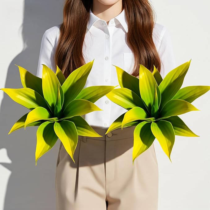 Artificial Agave Plants,Large UV Resistant Fake Agave Planters 12" for Indoor and Outdoor Decorating Tropical Plant Succulents Greenery Indoor Decor (2Pack) Yellow