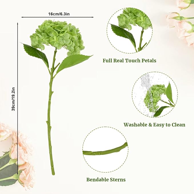 3 Pcs Green Hydrangea Artificial Flowers, 19 inch Faux Hydrangeas Real TouchFlowers, Long Stem Artificial Flowers for Tall Vase Home Wedding Bouquets Centerpieces Party Living Room Decoration