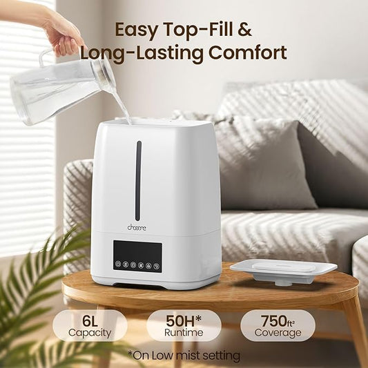 6L Top Fill Ultrasonic Humidifier - Cool and Warm Mist for Bedroom, Baby, Large Rooms & Plants, Smart Humidity Control, Aroma Diffuser, Night Light, 12H Timer, Quiet, White
