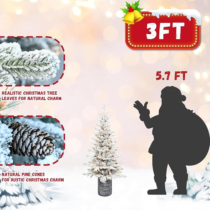 3FT Potted Flocked Christmas Tree, Snow Frosted Mini Tabletop Artificial Christmas Tree 365 PE & PVC Branch Tips for Front Door, Porch, Indoor and Outdoor