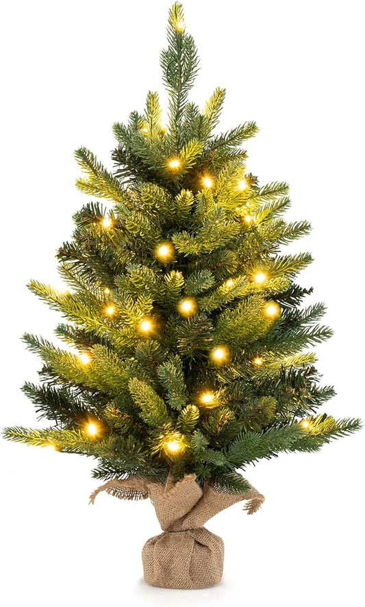 GOFLAME 2FT Pre-Lit Artificial Mini Christmas Tree, Small Tabletop Xmas Fir Tree with 234 Branch Tips, 35 Warm White LED Lights, Timer, Holiday Decoration Tree with Burlap Base