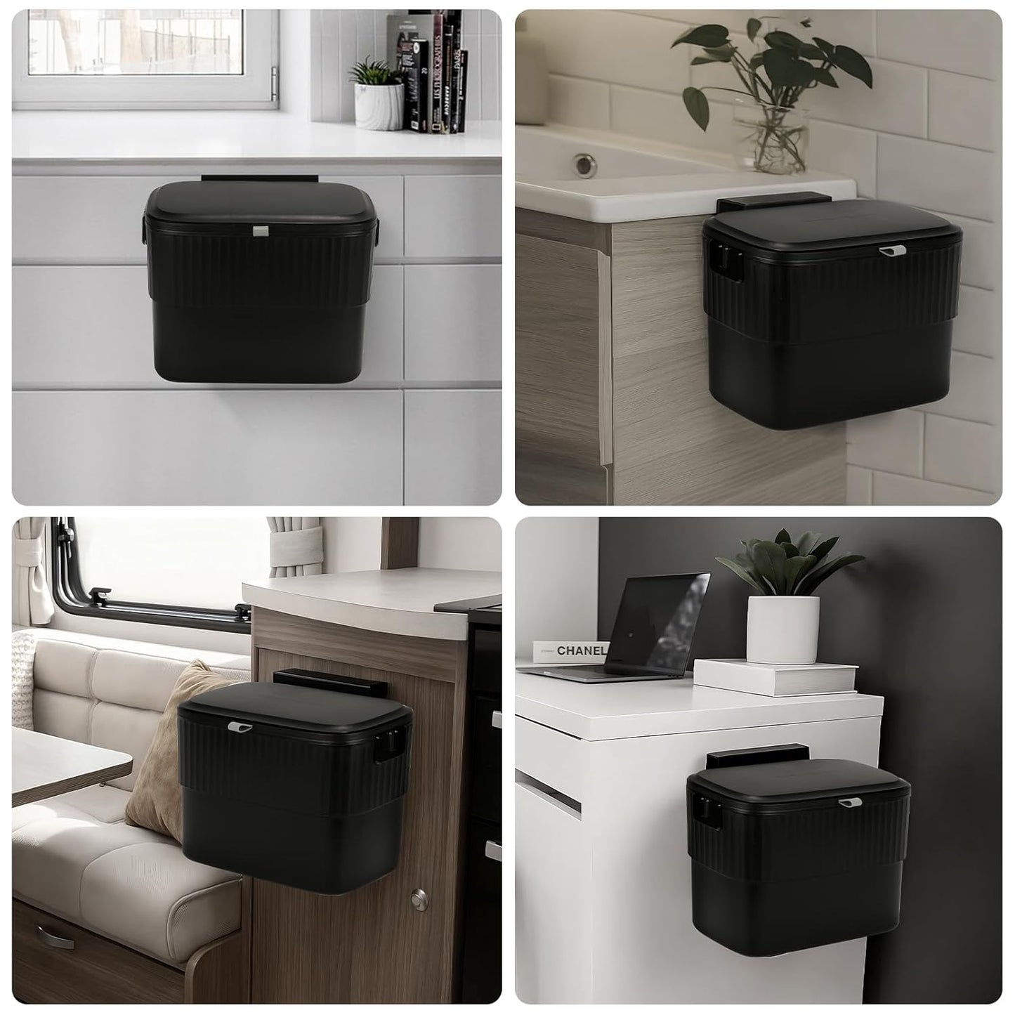 ELPHECO Kitchen Compost Bin with Lid 1.8 Gallon Hanging Trash Can with Lid, 7 Liter Wall-Mounted Garbage Can for Kitchen Cabinet Door, Small Under Sink Trash Can for Counter Top, Bathroom, Black