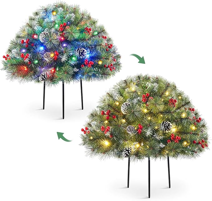 Set of 2 18 Inch Pre-lit Outdoor Christmas Tree with 50 Multi-Color Lights, Timer, Battery Operated Pre-Decorated Frosted Christmas Urn Filler for Pathway &Porch& Yard Decorations