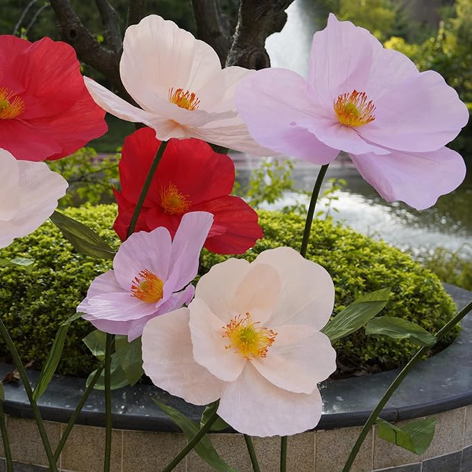 Large Paper Artificial Flowers,Giant Flowers for Decoration,Huge Handcrafted Poppy Fake Flowers with Stand for Home Decor Bridal Shower Party Outdoors Yard Event Backdrop Decor (Pink)
