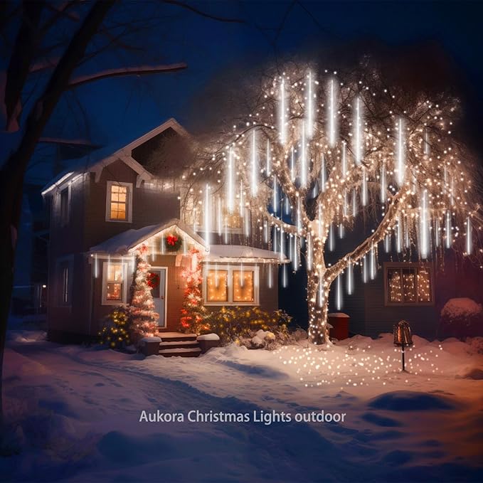 Aukora White Christmas Lights Outdoor, UL Plug 24 Tubes 576 LEDs Meteor Shower Light, Tandemable Icicle Snow Falling Rain Light for Xmas Tree Halloween Decorations Wedding Party Holiday Garden Decor