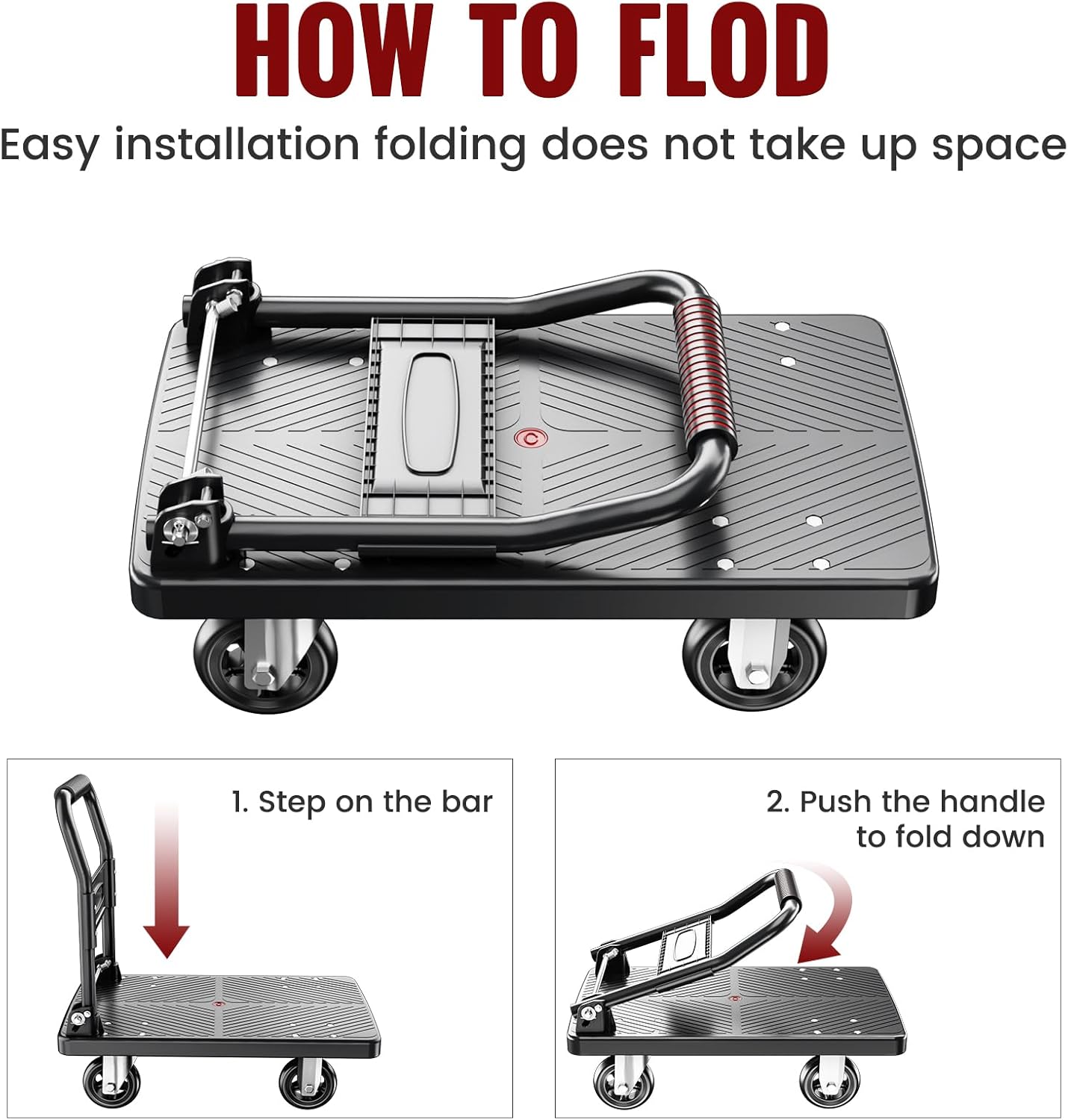 Upgraded Foldable Push Cart Dolly | 560 lbs.Capacity Moving Platform Hand Truck | Foldable for Easy Storage | 4'' PU 360 Degree Swivel Silent Wheel-Black