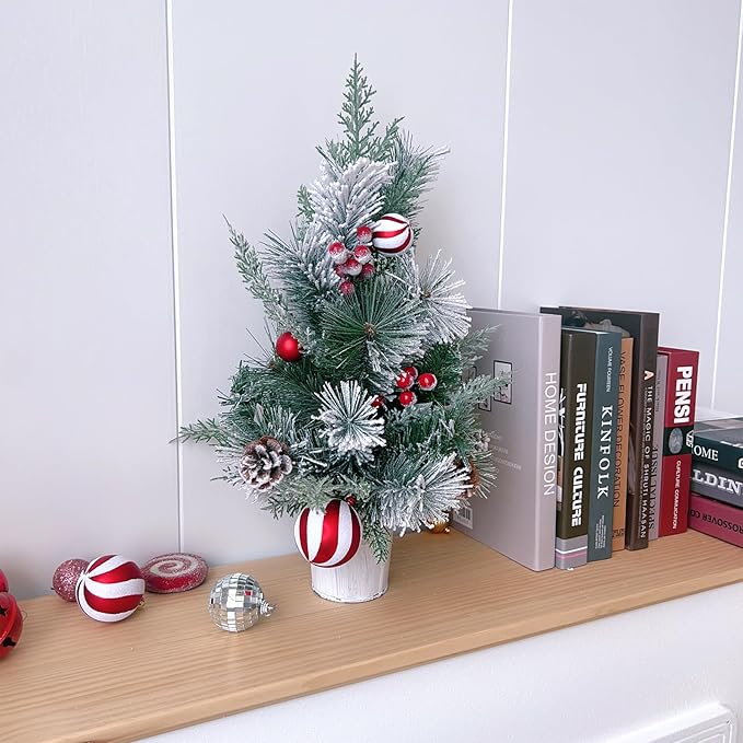 Tabletop Christmas Tree with Snow and Red White Balls for Home Decoration, Small Xmas Desk Tree for Indoor Outdoor, Red Berries Pinecone Small Tree