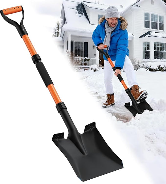 Snow Shovel, Heavy Duty 42'' Square Spade with Ergonomic D-Grip Handle, Extra-Wide Step & Fiberglass Shaft – Compact Winter Tool for Snow Removal, Car Emergency, Driveway & Sidewalk (Bright Orange)