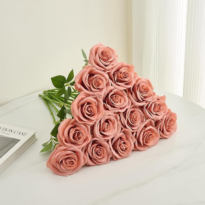 15pcs Fake Roses Light Dusty Rose Artificial Silk Flowers Faux Rose Flower Long Stems Bouquet for Arrangement Wedding Centerpiece Party Home Kitchen Decor