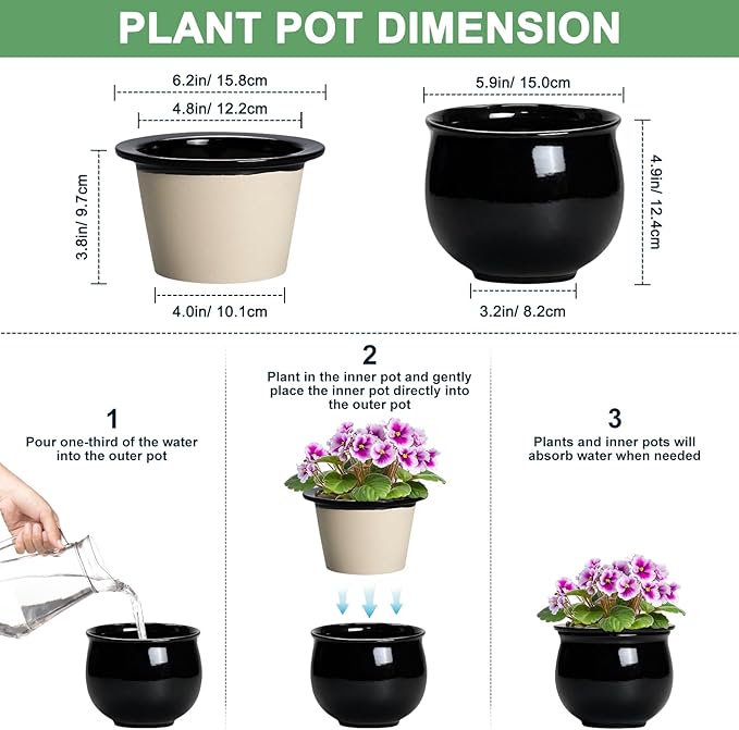 Ceramic African Violet Self Watering Pots, 6 Inch Self Watering Plant Pot with Absorbent Inner Pot, Flower Pots for Indoor Plants, Round Ceramic Planter, Home Decor, Plant Lover Gifts, Black