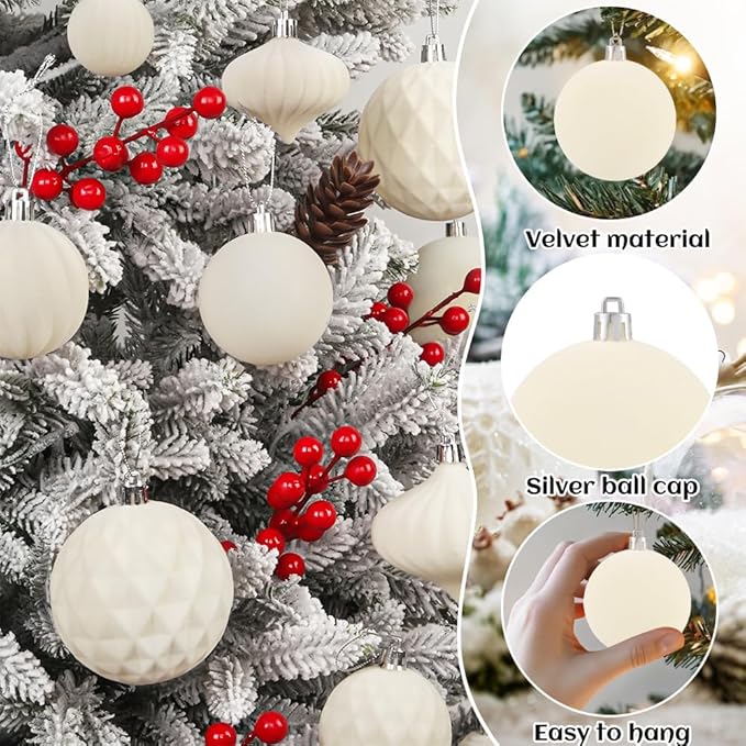 28PCS Velvet Christmas Balls Ornaments, Flocked Shatterproof Beige Cream Xmas Tree Hanging Decoration Plastic Ball Set Bulk Ornament for Winter Trees Holiday Party Home Wreath Decor