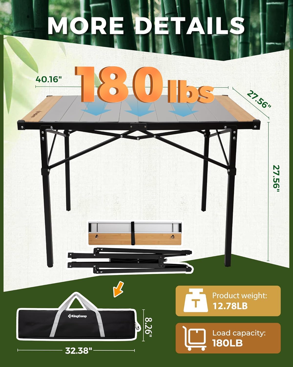 KingCamp Folding Camping Table, Aluminum Roll-Up Camp Table, Large Foldable Table for 2-4 Person, Outdoor Portable Tables with Carry Bag, 180 LBS Heavy Duty Load (Bamboo：40.16“x27.5”，2-4 People)