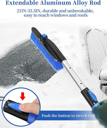 Ice Scraper Brush for Car Windshield Window, 26'' to 33'' Aluminum Extendable Snow Brush for Car Window with Foam Grip and 360° Pivoting, Soft Broom Head for Car Vehicle Accessories