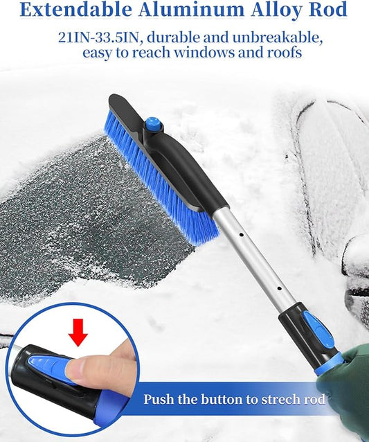 Ice Scraper Brush for Car Windshield Window, 26'' to 33'' Aluminum Extendable Snow Brush for Car Window with Foam Grip and 360° Pivoting, Soft Broom Head for Car Vehicle Accessories